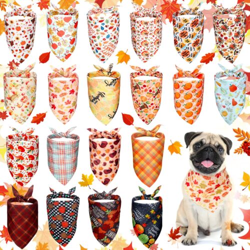 20 Pieces Thanksgiving Dog Bandana Fall Autumn Pet Bandana Adjustable And Reversible Dog Triangle Scarf Turkey Maple Leaf Pumpkin Dog Kerchief Autumn Pattern Dog Handkerchief For Small To Medium Pet