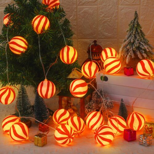 20ft Outdoor Christmas String Lights with 40 Bulbs Red and White Christmas Lights Decorations Christmas Tree Hanging Glitter Candy Ball for Christmas Party Fireplaces Front Door Stairs