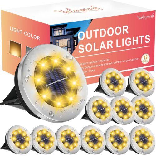 Solar Ground Lights Outdoor Waterproof – 12 Pack Small Size Solar-Powered LED Ground Lights for Garden, Yard, Driveway, Walkway, Pathway, Bright Warm Illumination