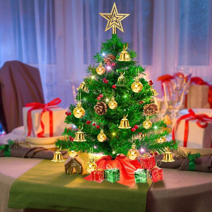 20" Tabletop Mini Christmas Tree, Artificial Small Xmas Tree Decor DIY with 50 LED String Lights,Star Tree Topper, Holly Berries, Pine Cones Ornaments and Wooden Base for Holiday Season Decorations