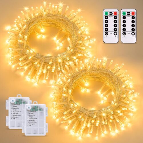 2 Pack Warm White Battery Powered Christmas Lights,Total 66ft 200 LED Battery Operated String Lights Outdoor with Remote, 8 Modes Fairly String Lights for Classroom Bedroom Christmas