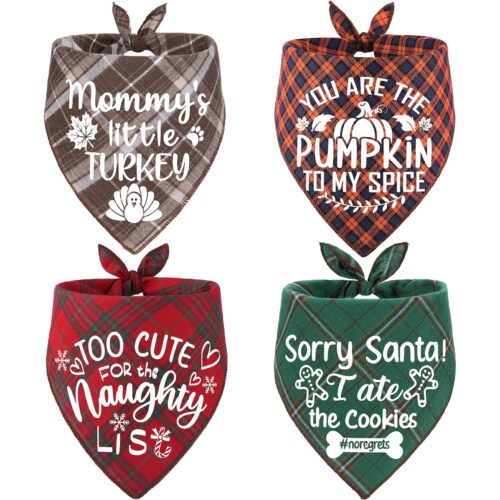 4 Pack Halloween Thanksgivng Christmas Dog Bandanas - Classic Fall Plaid Xmas Dog Bandana Triangle Pet Scarf Bibs Kerchief Gift Set Pet Holiday Accessories Decoration For Small To Large Puppy Dog Cat