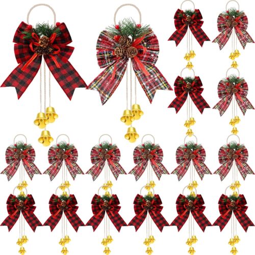 12 Pcs Christmas Burlap Plaid Bow with Pine Cones Large Christmas Wreath Bows Christmas Garland Bow Xmas Decorative Bows Ornament with Bell Christmas Tree Bows for Christmas Party Decoration