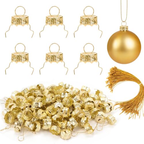 100 Pieces Round Christmas Ornament Caps and Christmas Ornament Hangers String Set, Christmas Hangers Caps for Christmas Tree, Ceramic Glass Porcelain Christmas Ornaments DIY Decorations