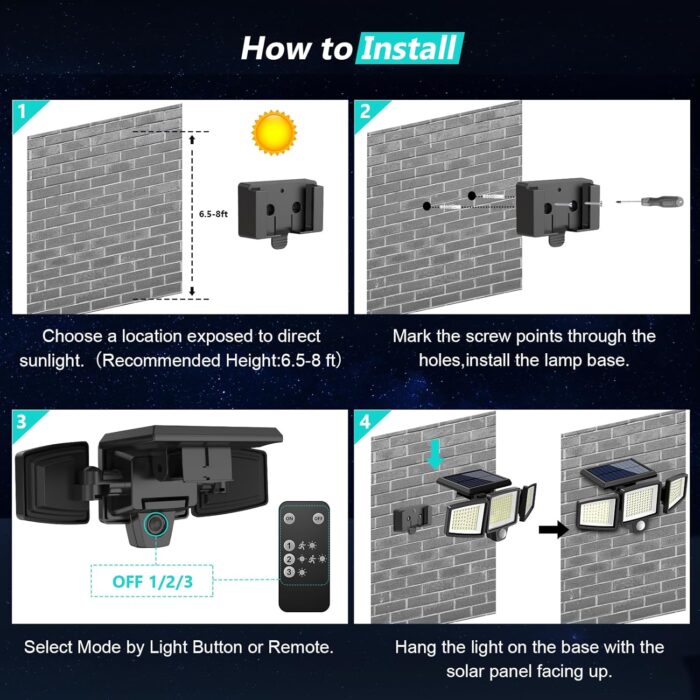 Tuffenough Solar Outdoor Lights 2500LM 210 LED Security Lights with Remote Control,3 Heads Motion Sensor Lights, IP65 Waterproof,270° Wide Angle Flood Wall Lights with 3 Modes (1 Pack) - Image 7