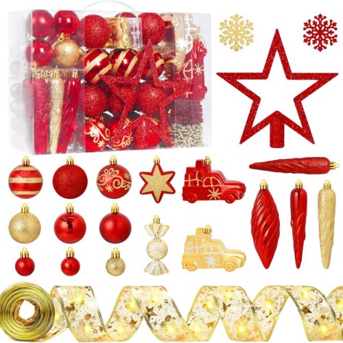 100 Pcs Christmas Tree Ornaments Set, Red Gold Christmas Ball Ornaments Shatterproof Christmas Tree Decorations with Ribbon Star Toppers Hanging Holiday Home Party Decor