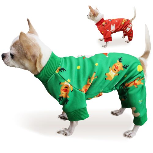 Christmas Dog Pajamas For Small Medium Dogs Girl Boy, Dog Onesie Cold Weather Outfit, Snowflake Reindeer Pattern, Pet Cat Holiday Pajamas Fleece Inside, Green.