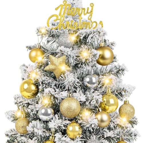 24 Inch Tabletop Mini Christmas Tree, Snow Flocked Prelit Artificial Small Christmas Tree with Lights, Star Treetopper and Hanging Ornaments for DIY Christmas Decorations for Home Party
