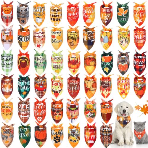 50 Pcs Fall Thanksgiving Plaid Dog Bandanas Bulk Thanksgiving Dog Scarf Bibs Puppy Bandanas Adjustable Washable Kerchief Pet Costume Accessories Grooming Supplies For Small To Medium Cats Dogs